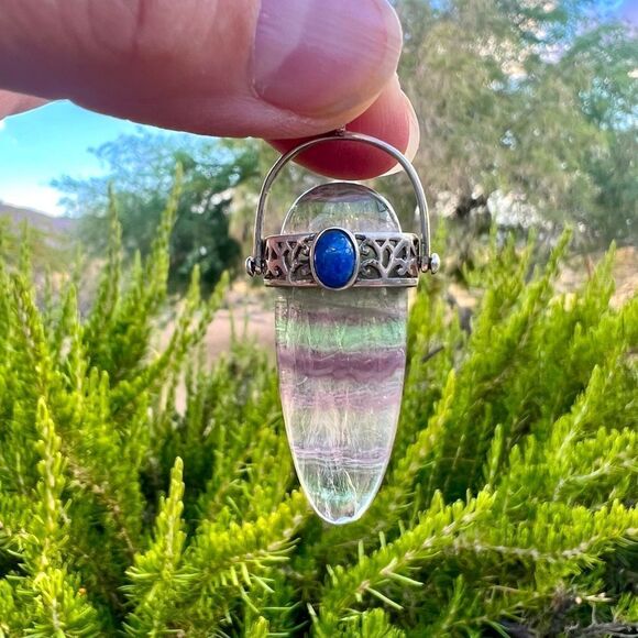 Genuine Fluorite & Lapis Lazuli Goddess Pendant Sterling Articulating Bail - Picture 4 of 10